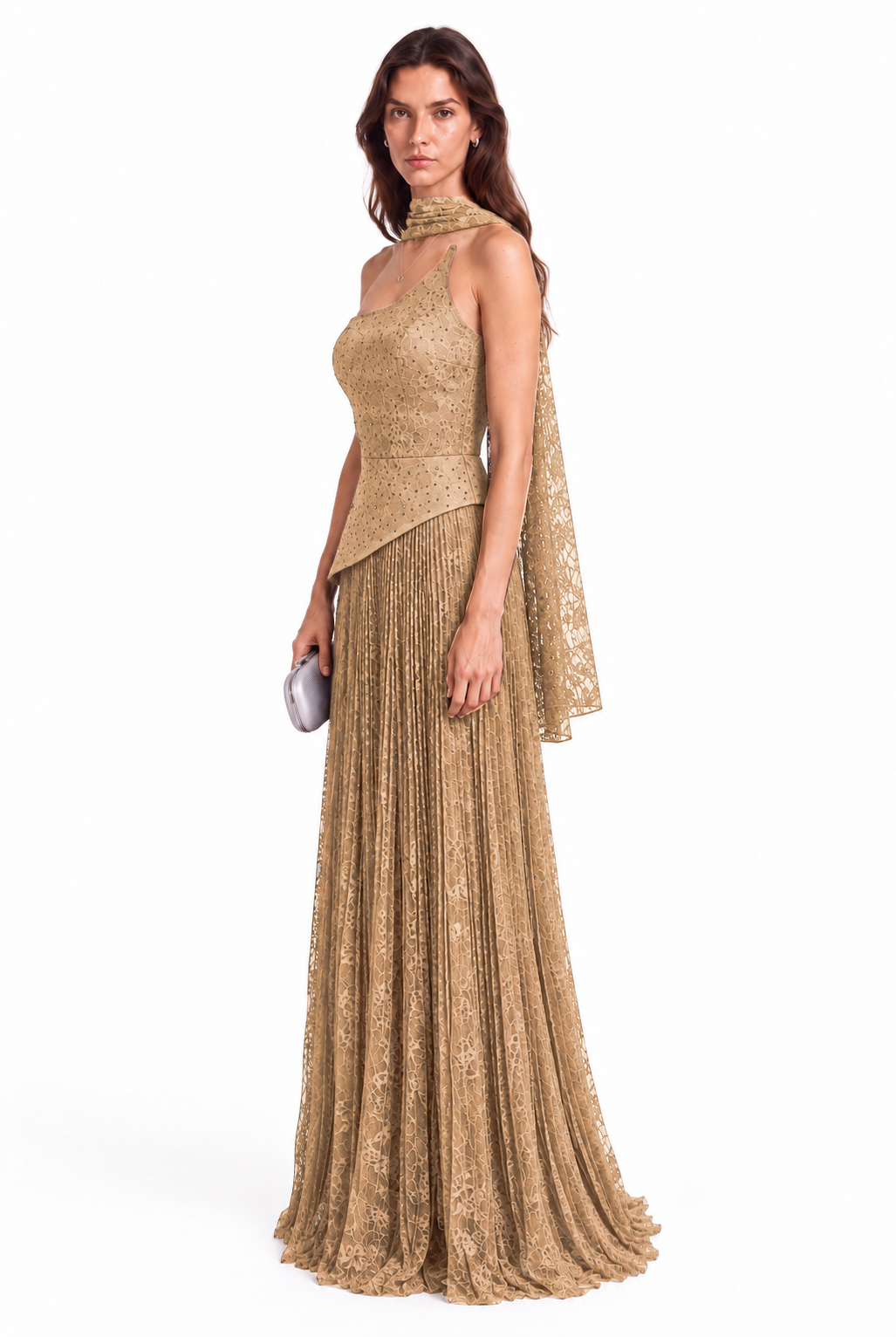 "Elara" Asymmetric Pleated Lace Gown