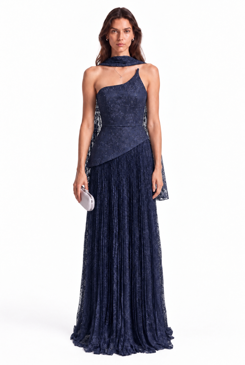 "Elara" Asymmetric Pleated Lace Gown