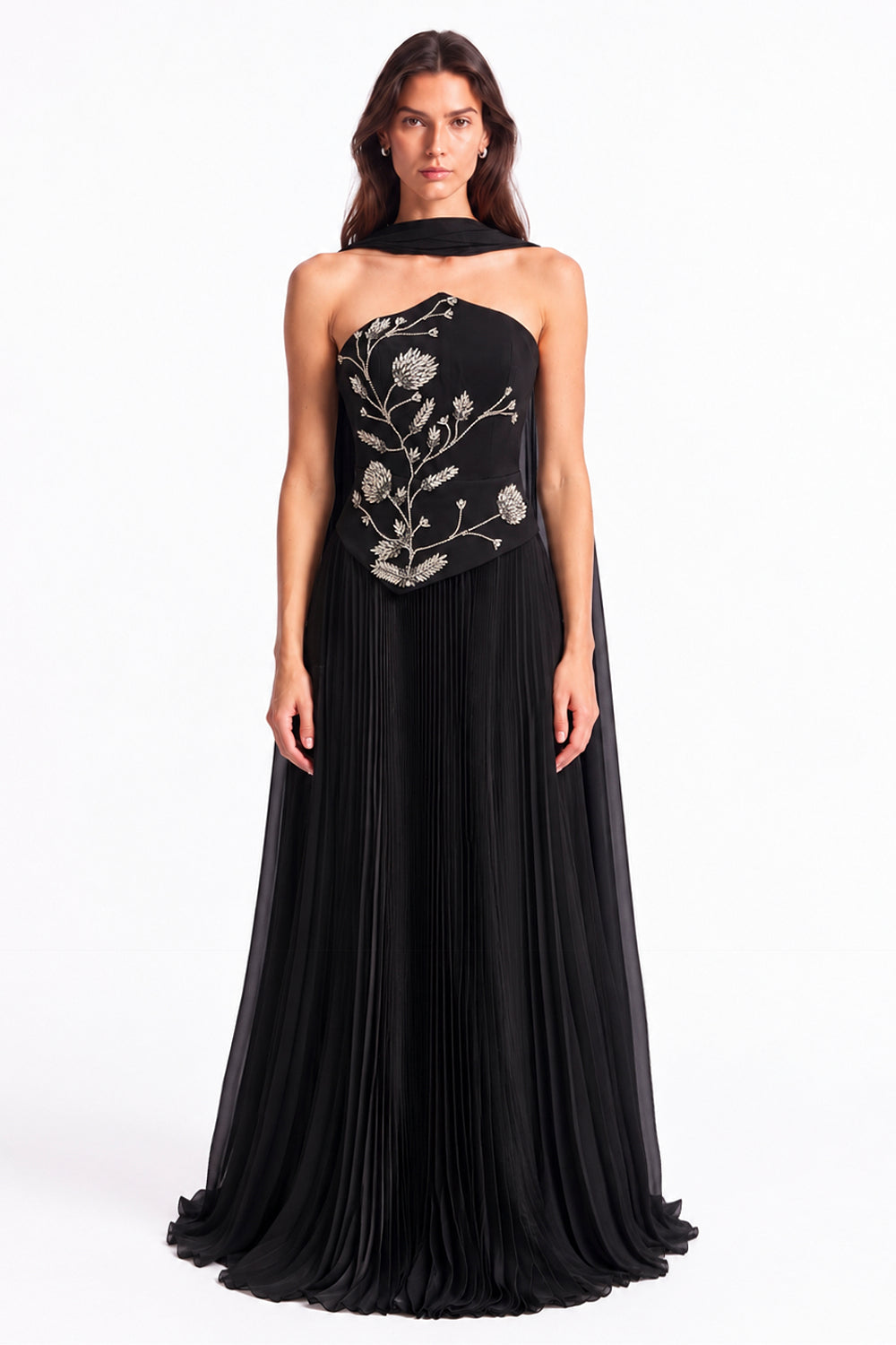 "Rana" Floral Embroidered Strapless Gown