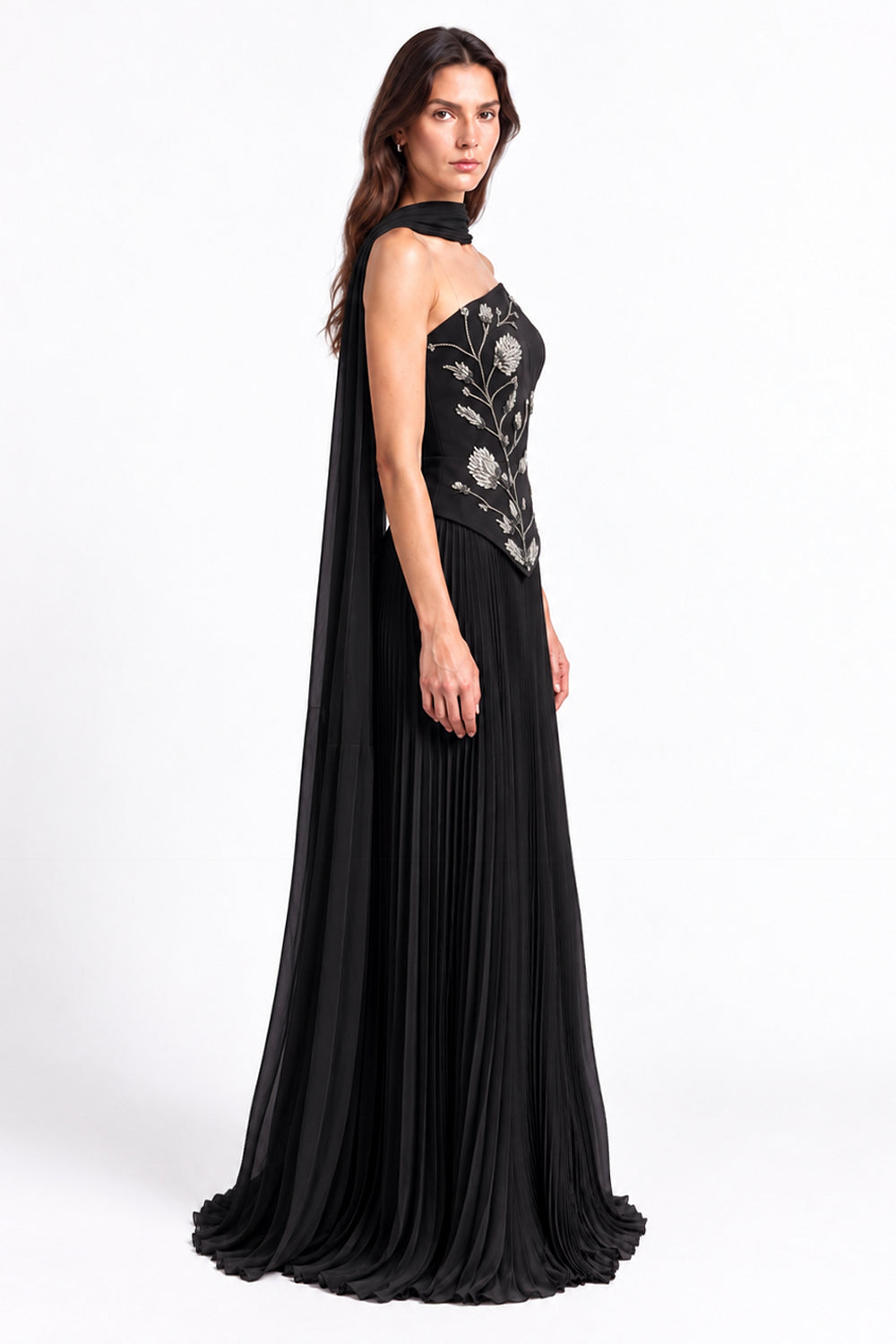 "Rana" Floral Embroidered Strapless Gown