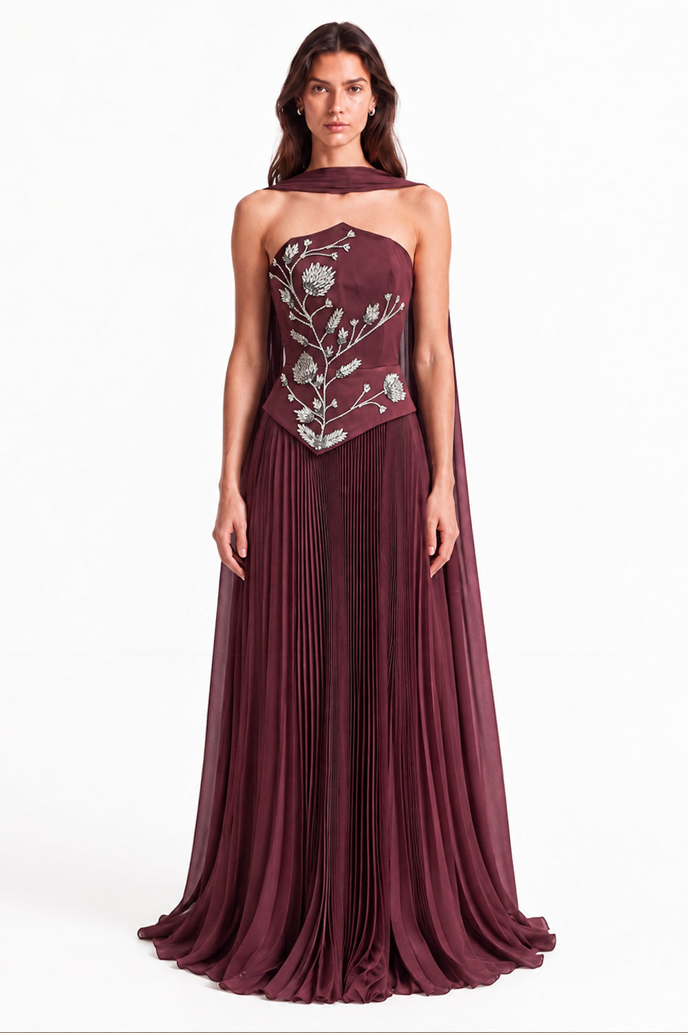 "Rana" Floral Embroidered Strapless Gown