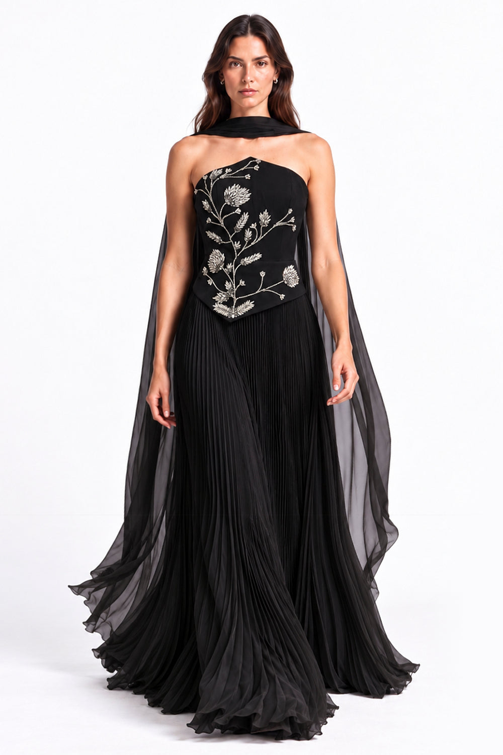 "Rana" Floral Embroidered Strapless Gown