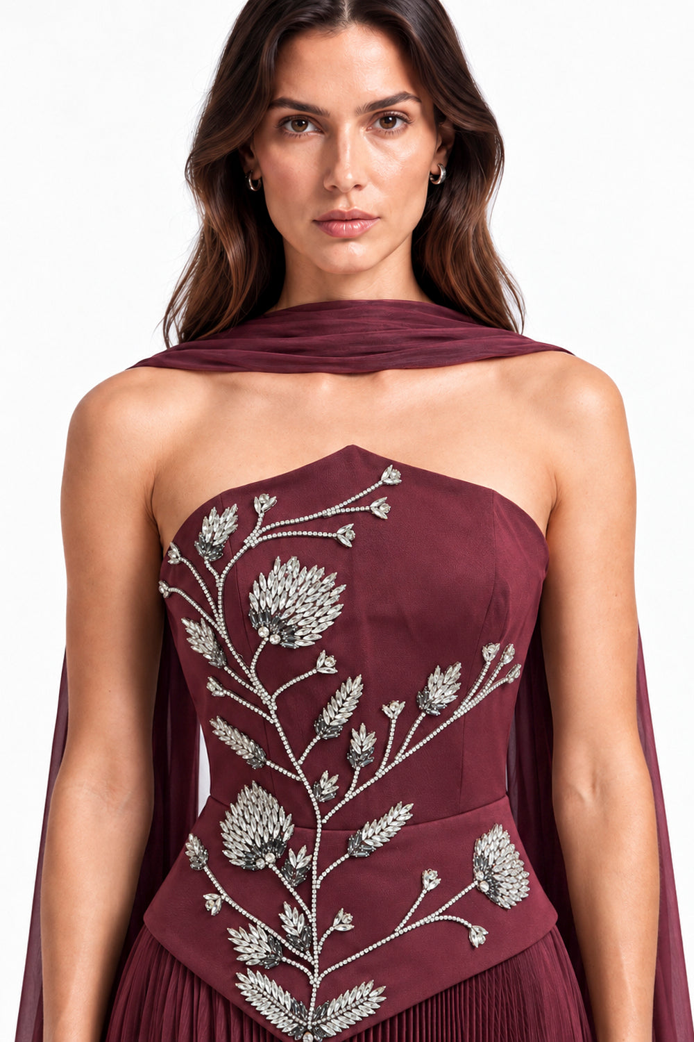 "Rana" Floral Embroidered Strapless Gown