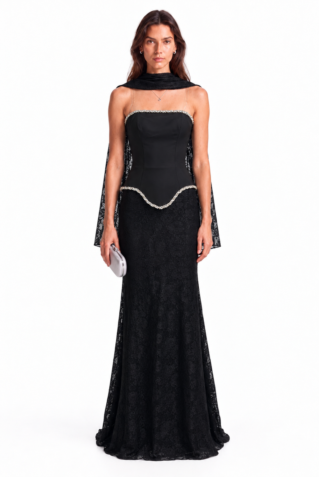 "Elara" Crystal Trim Lace Gown