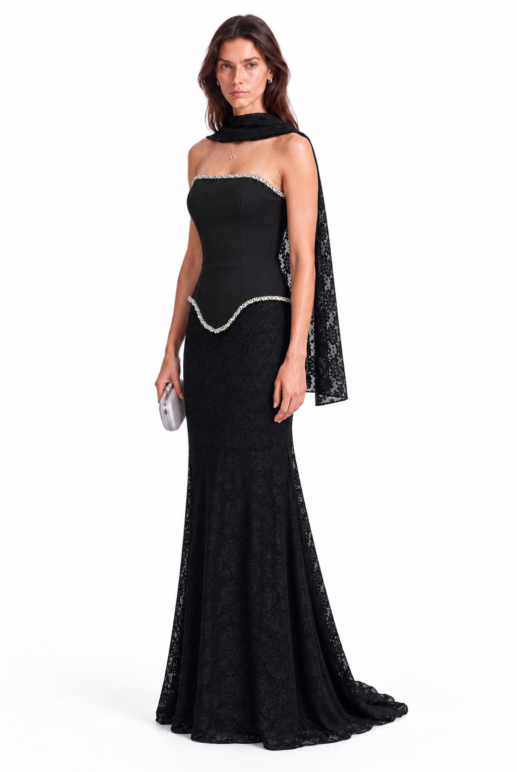 "Elara" Crystal Trim Lace Gown