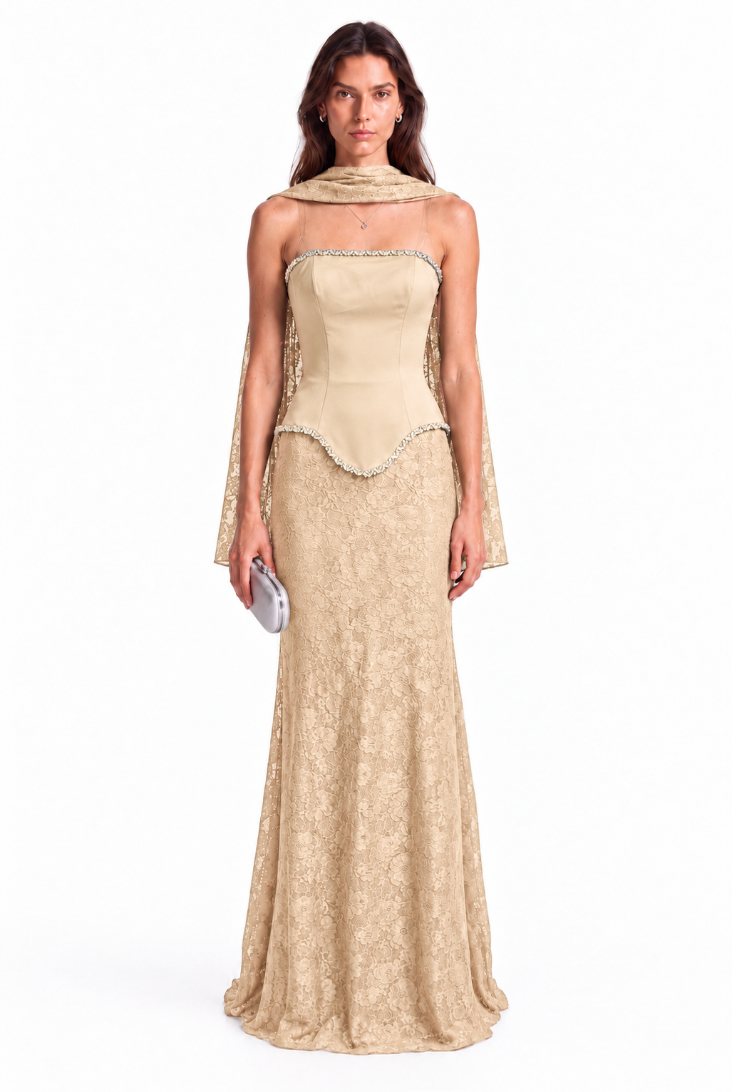 "Elara" Crystal Trim Lace Gown