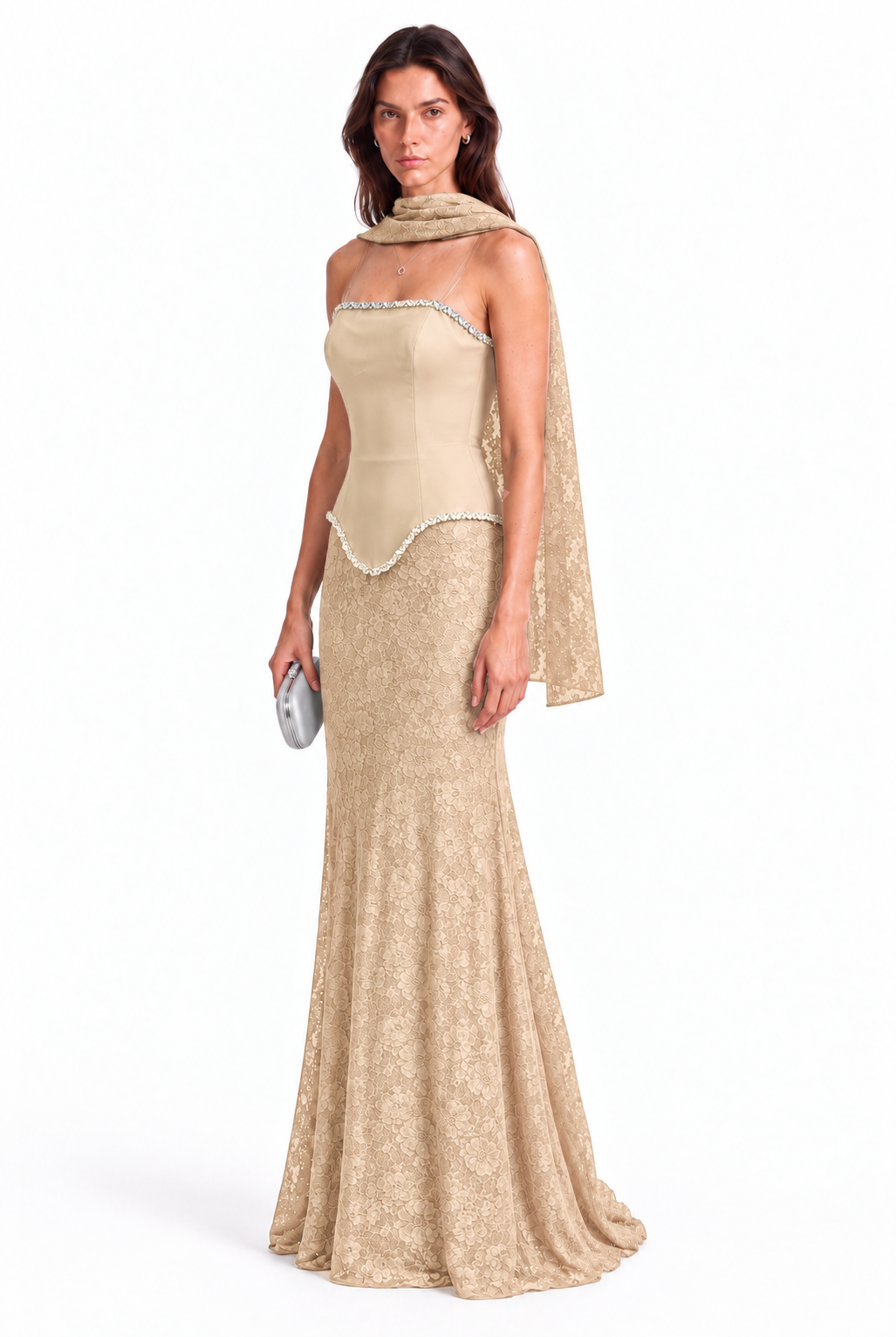 "Elara" Crystal Trim Lace Gown