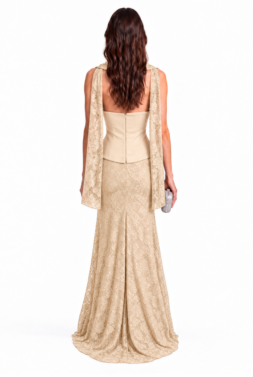 "Elara" Crystal Trim Lace Gown
