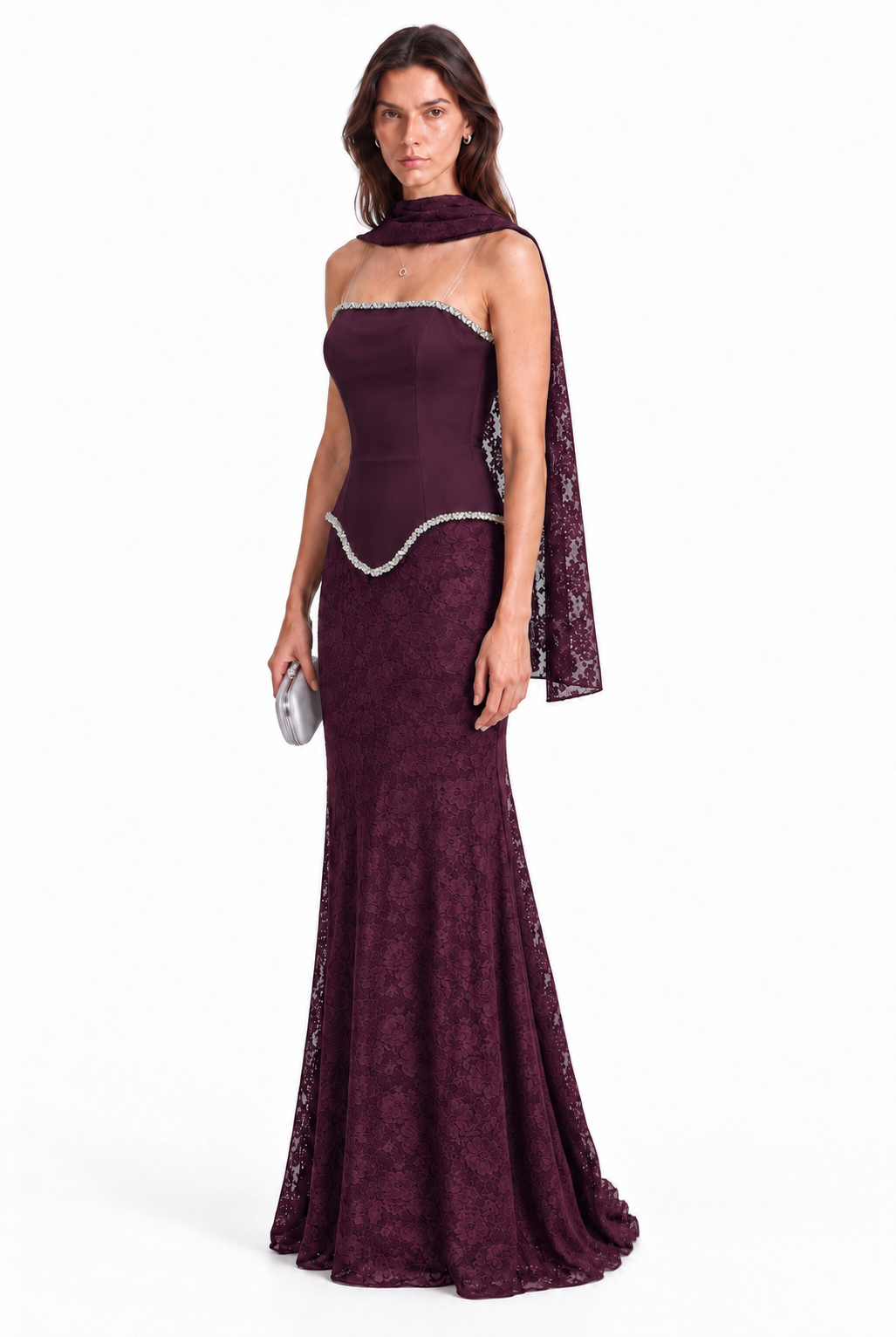 "Elara" Crystal Trim Lace Gown
