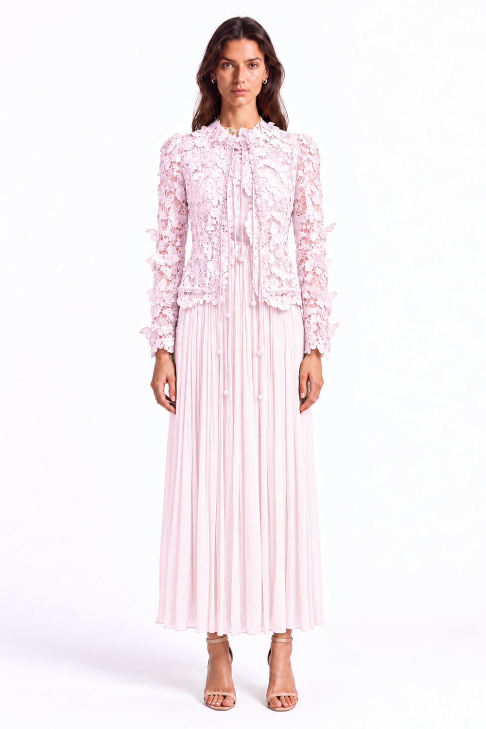 "Elara" Butterfly Lace Pleated Maxi Dress