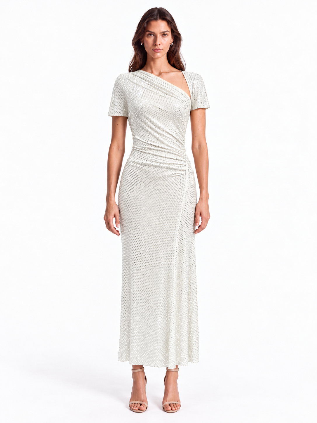 "Lina" Asymmetric Neck Rhinestone Mesh Dress