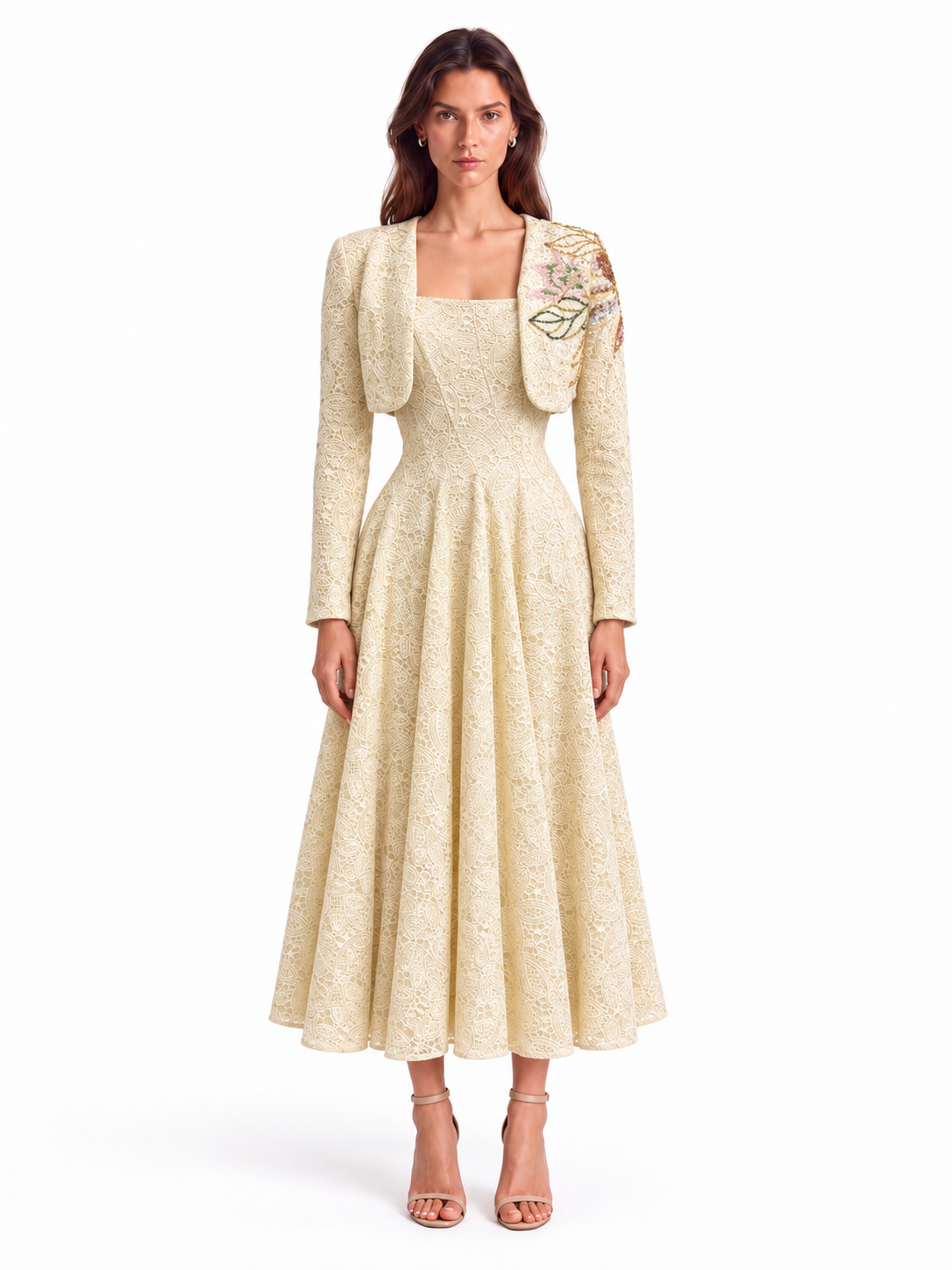 "Elara" Square-Neck Lace Midi Dress