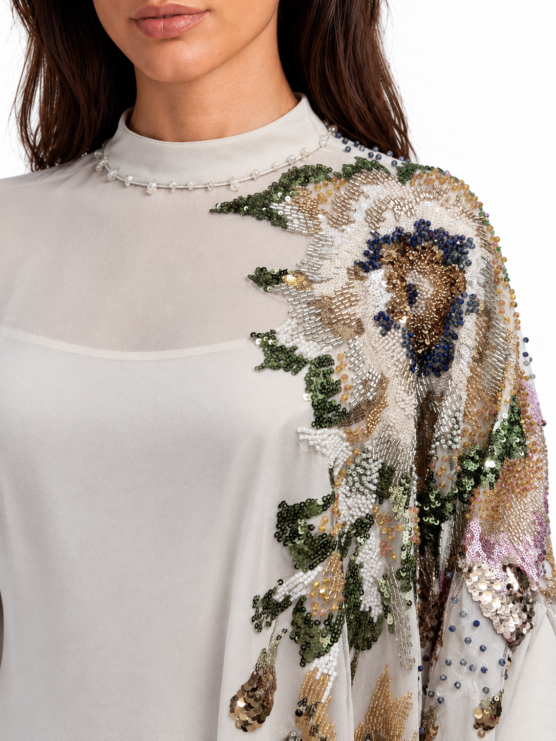 "Nesma" High Neck Beaded Cape Dress