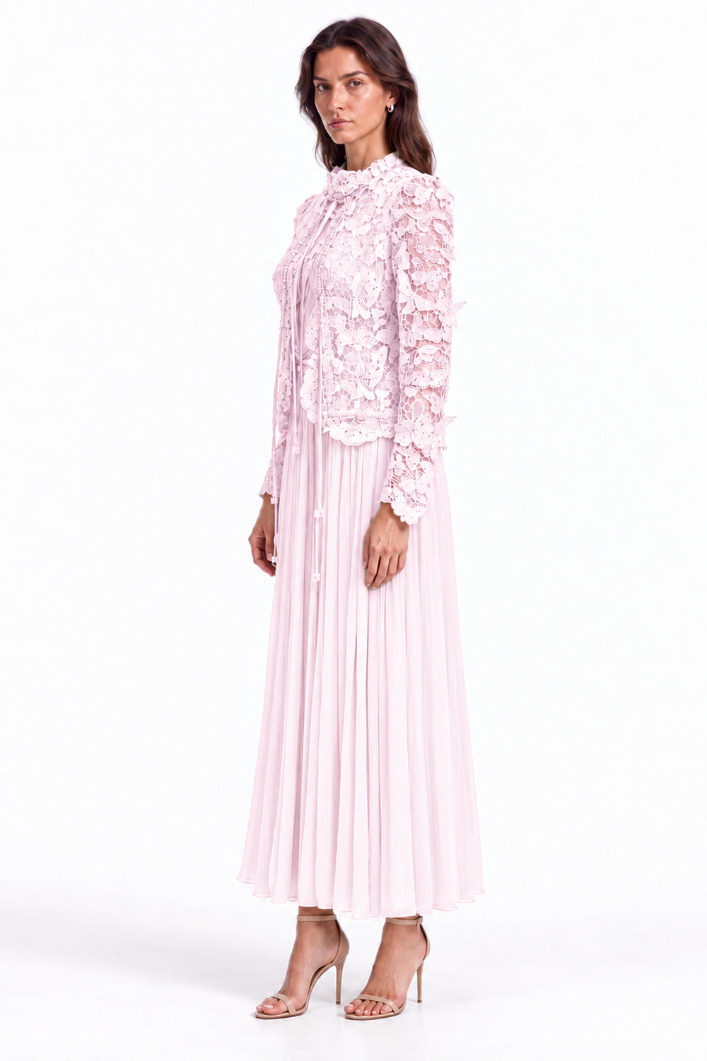 "Elara" Butterfly Lace Pleated Maxi Dress