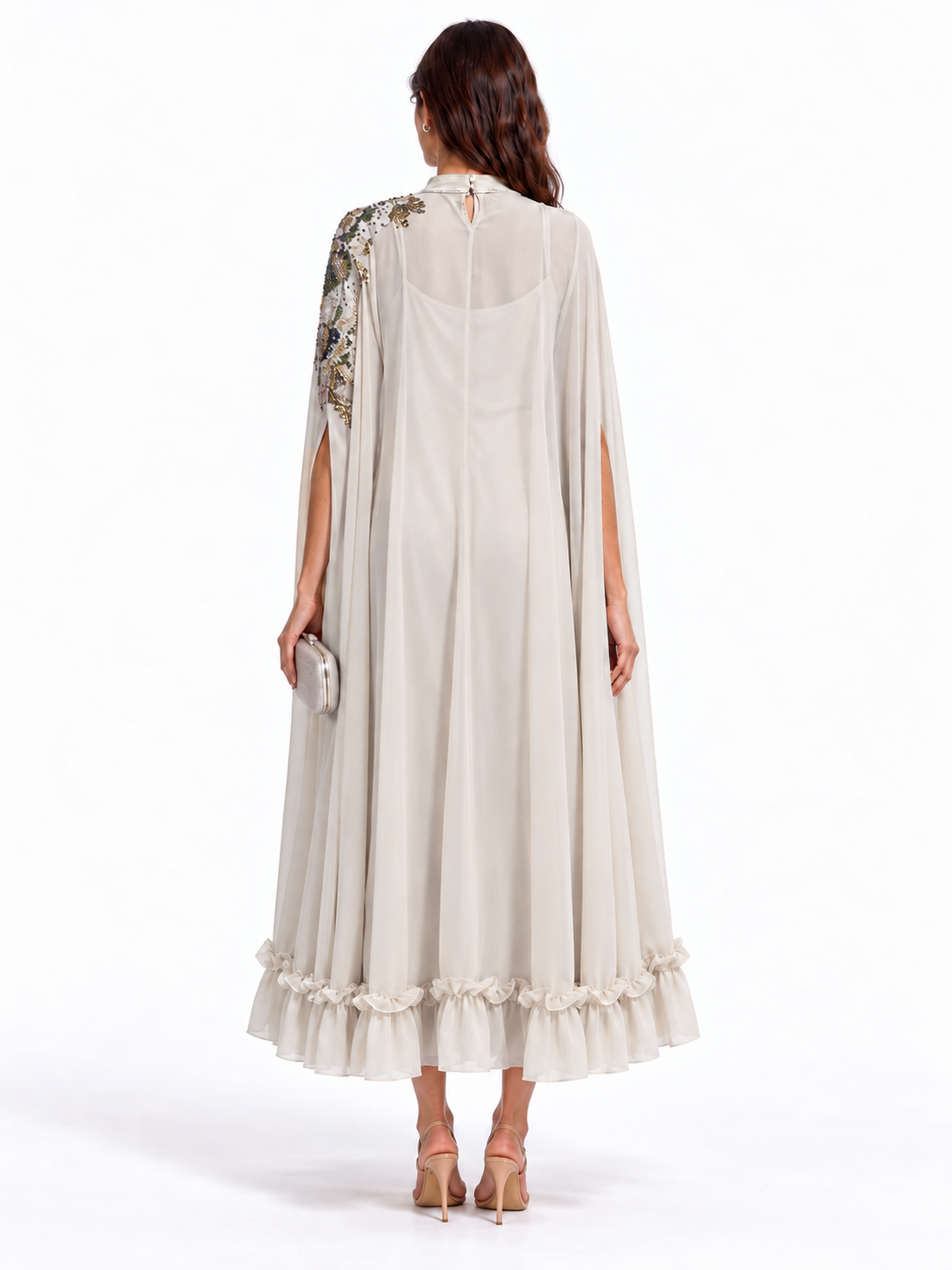 "Nesma" High Neck Beaded Cape Dress