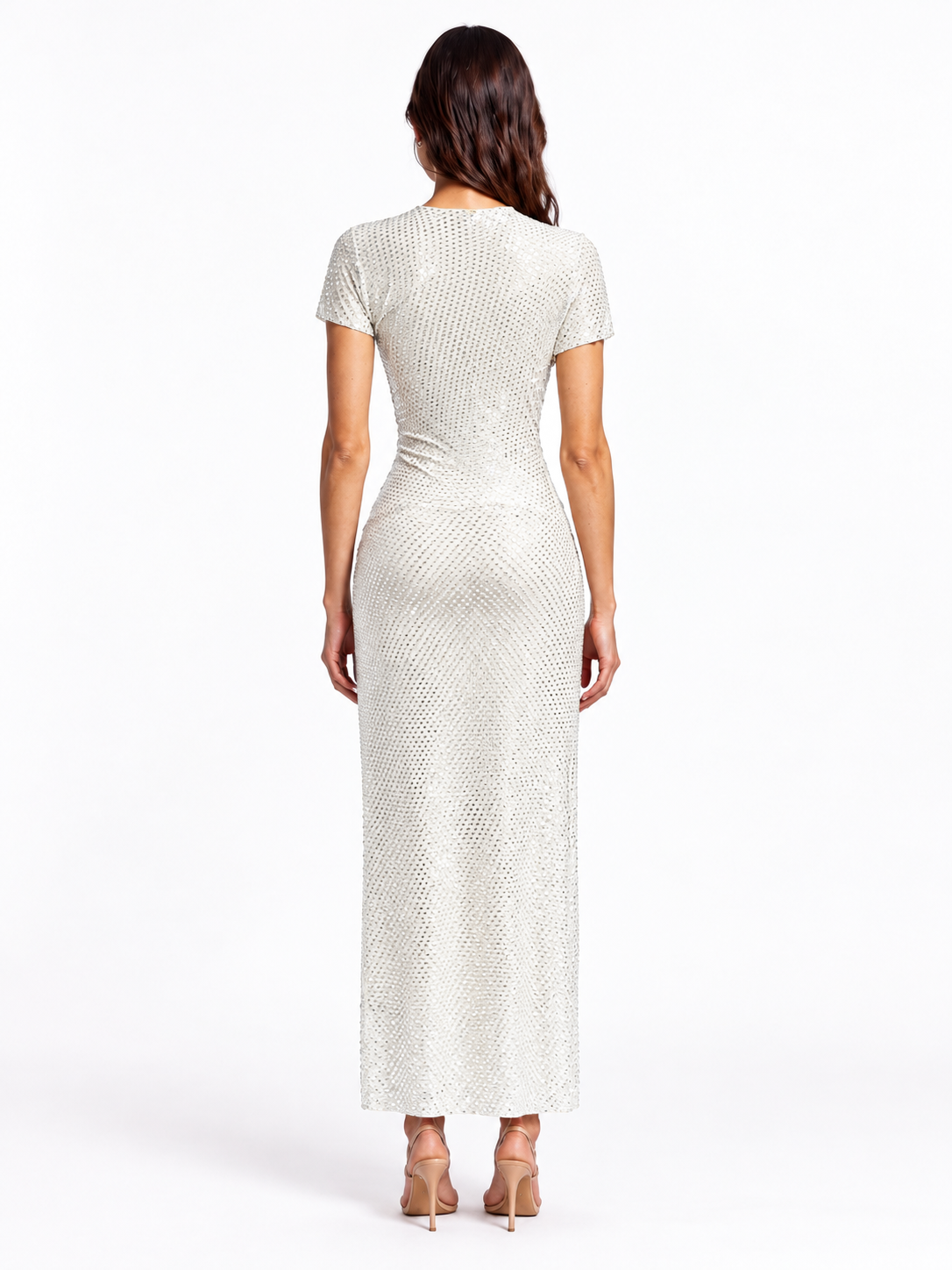 "Lina" Asymmetric Neck Rhinestone Mesh Dress