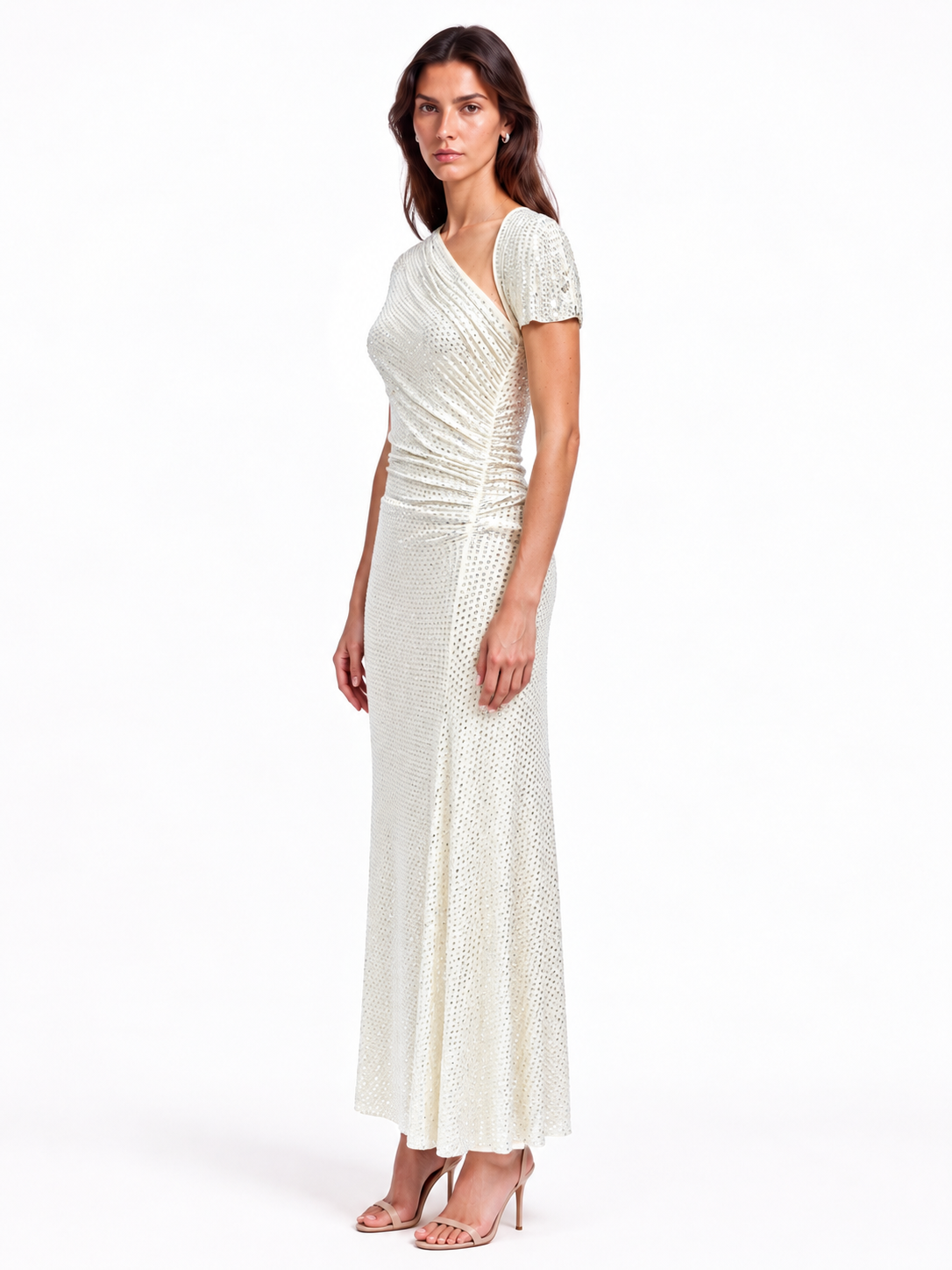 "Lina" Asymmetric Neck Rhinestone Mesh Dress