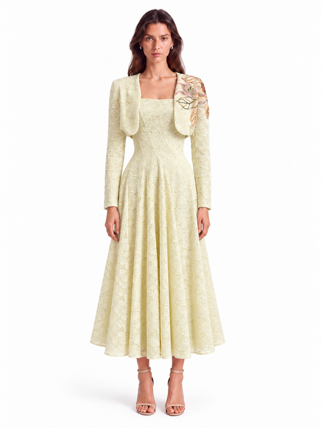 "Elara" Square-Neck Lace Midi Dress