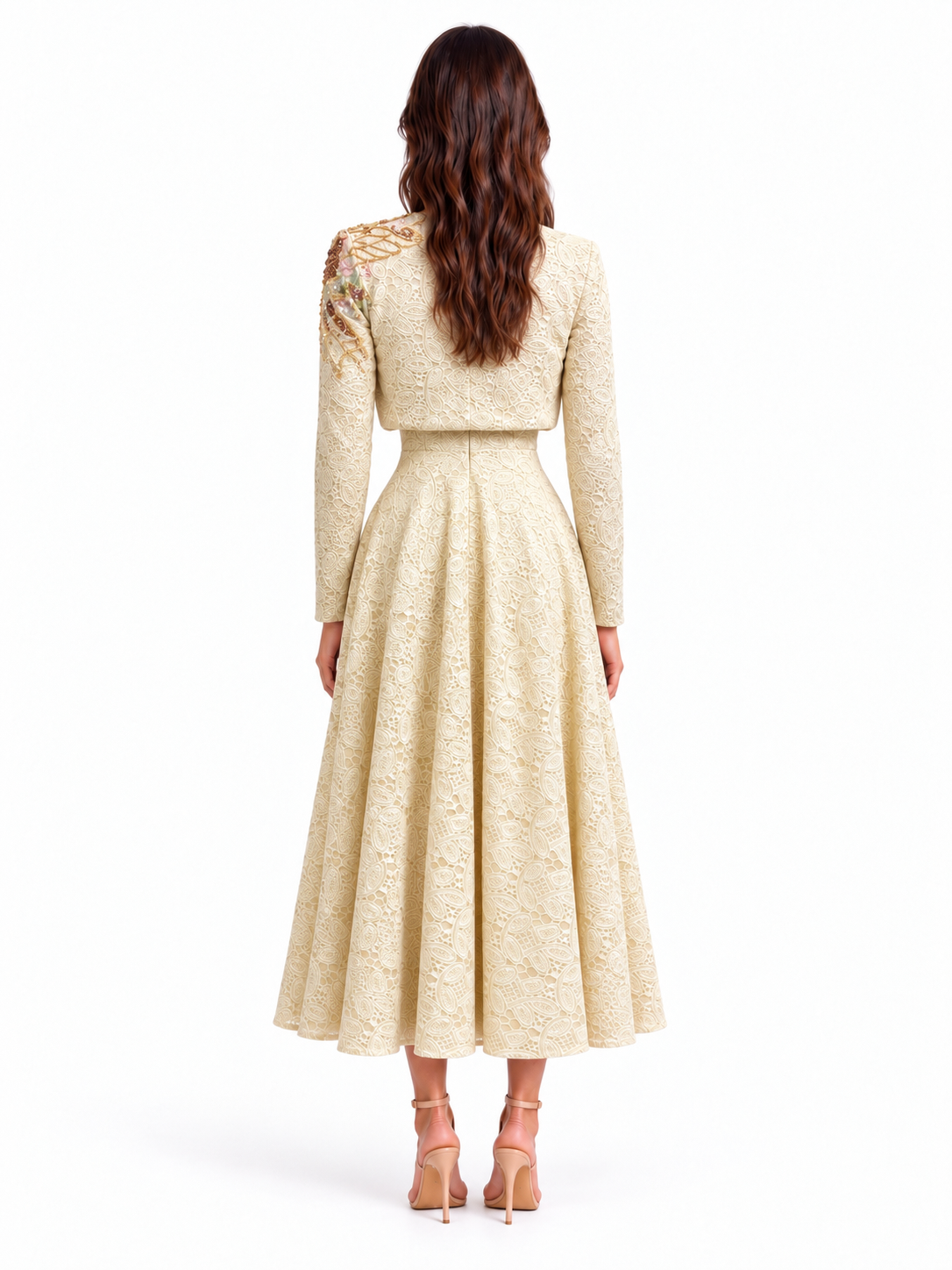"Elara" Square-Neck Lace Midi Dress