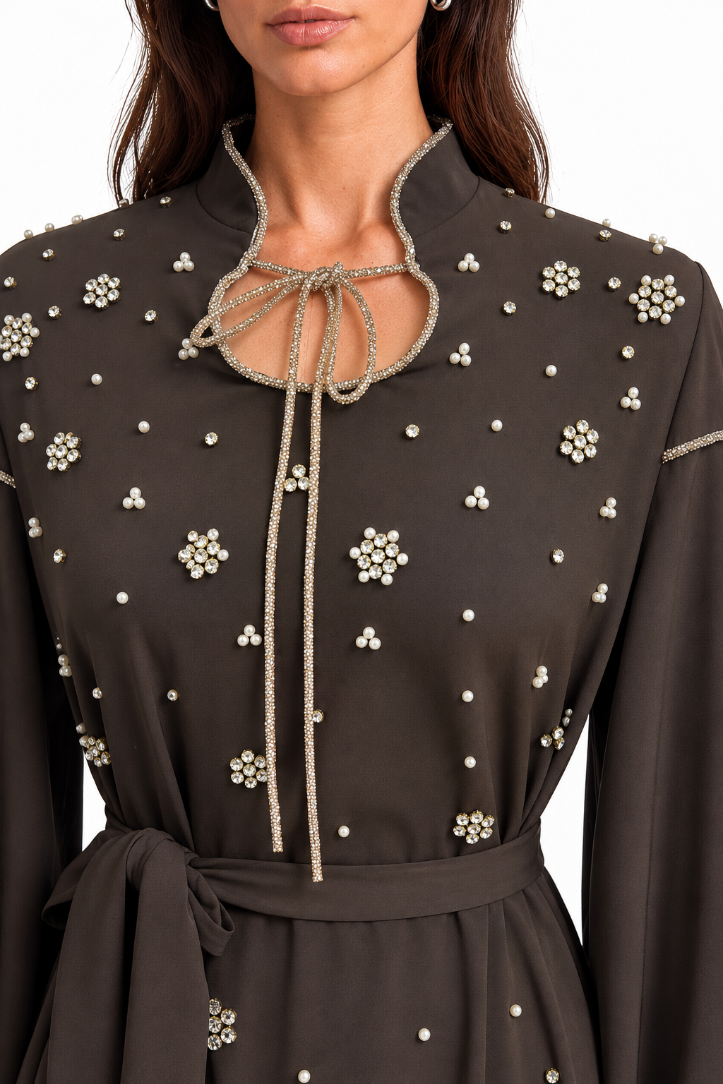 "Mariam" Pearl Tie-Neck Balloon Sleeve Dress