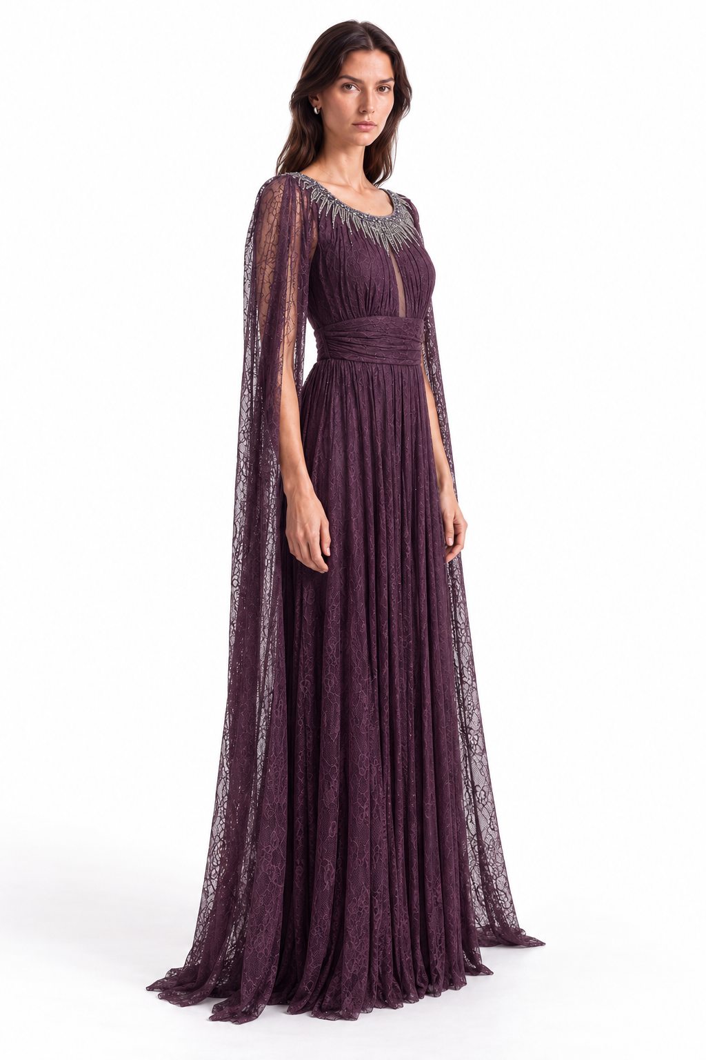"Nadia" Crystal Cape Lace Gown