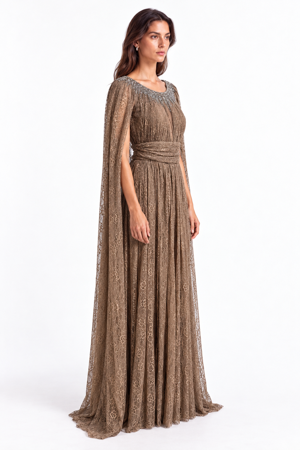 "Nadia" Crystal Cape Lace Gown