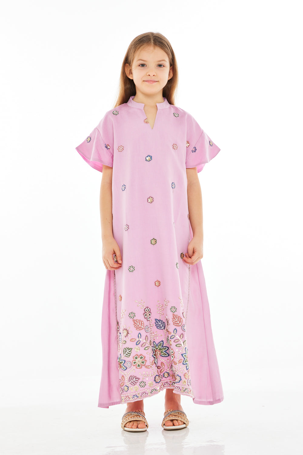 Floral Embroidered Statement Sleeve Straight Maxi Dress