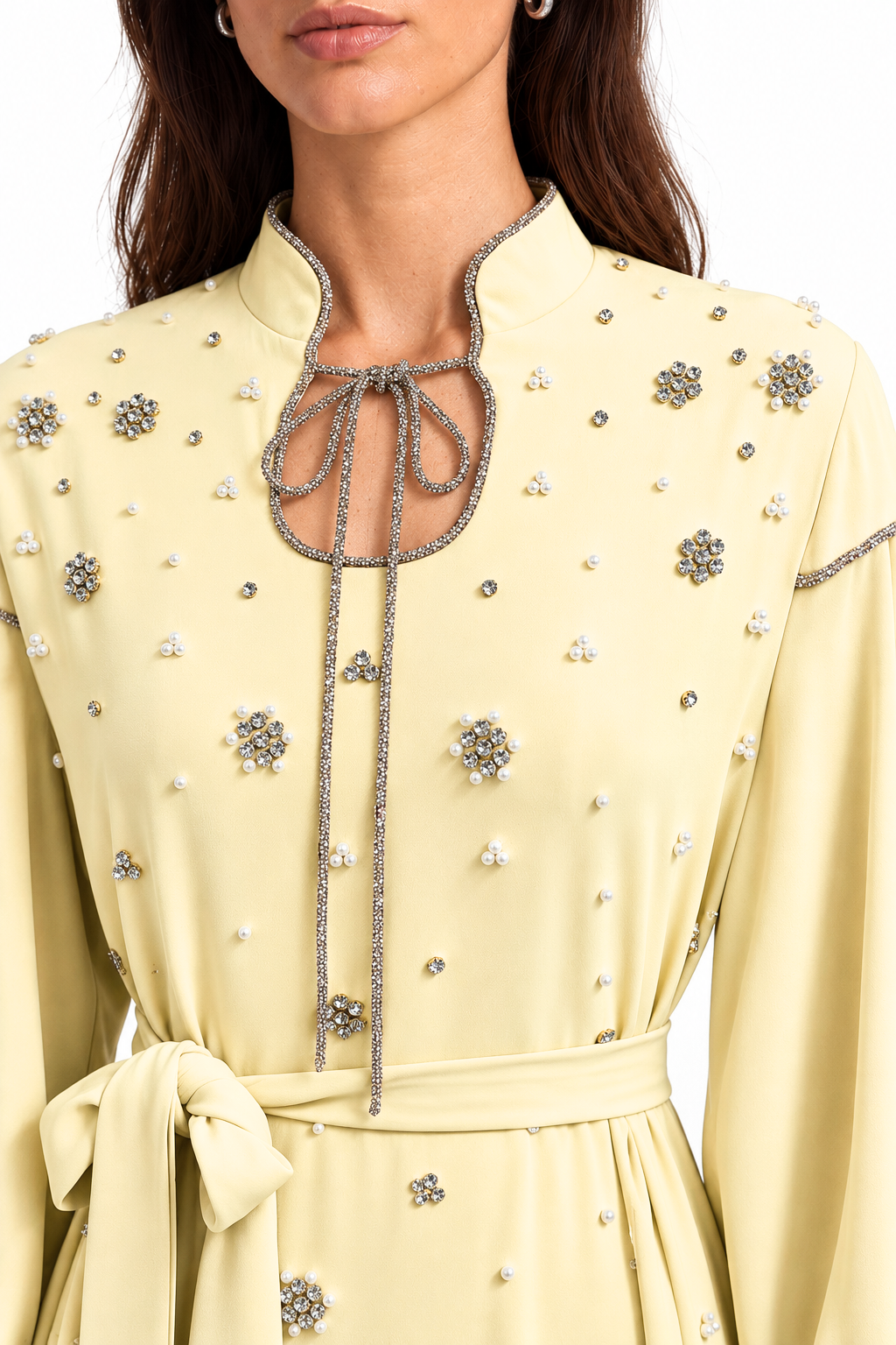"Mariam" Pearl Tie-Neck Balloon Sleeve Dress
