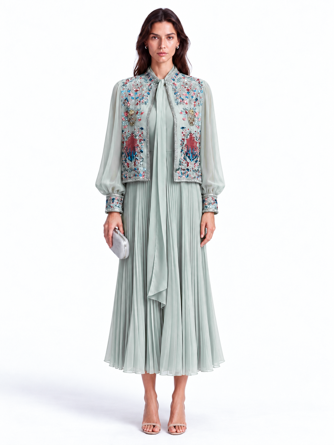"Nesma" Embroidered Tie-Neck Pleated Dress