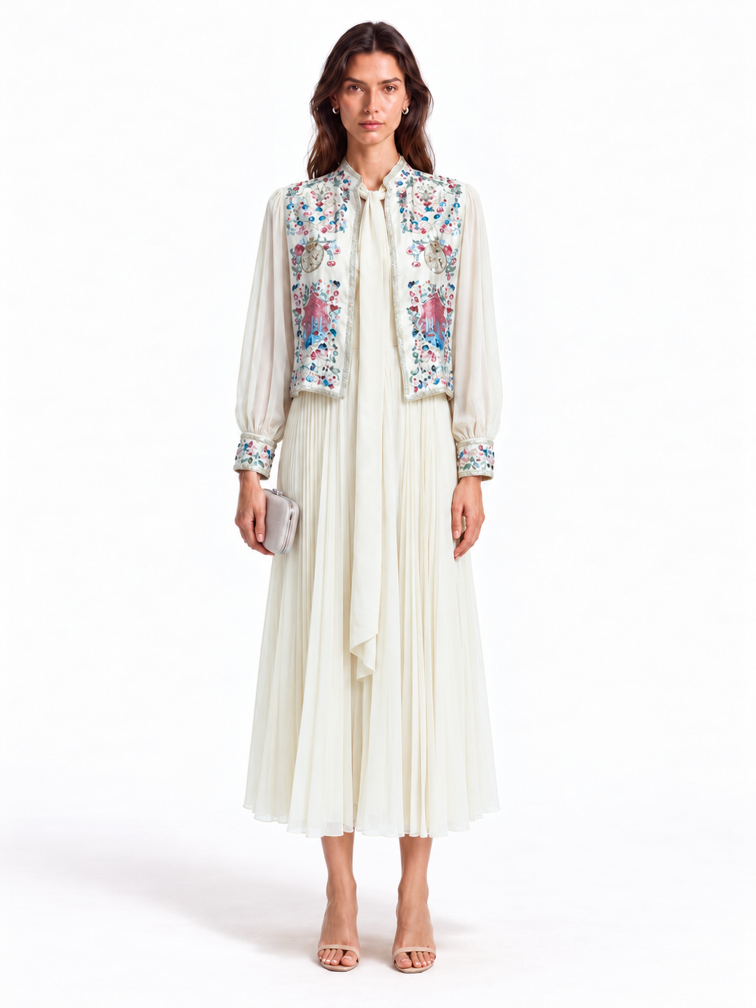 "Nesma" Embroidered Tie-Neck Pleated Dress