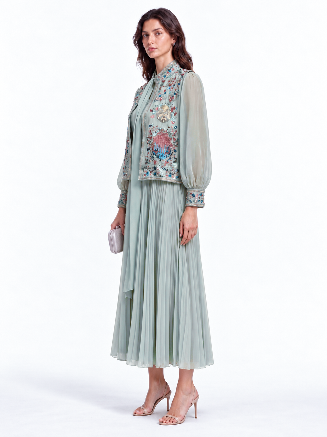"Nesma" Embroidered Tie-Neck Pleated Dress