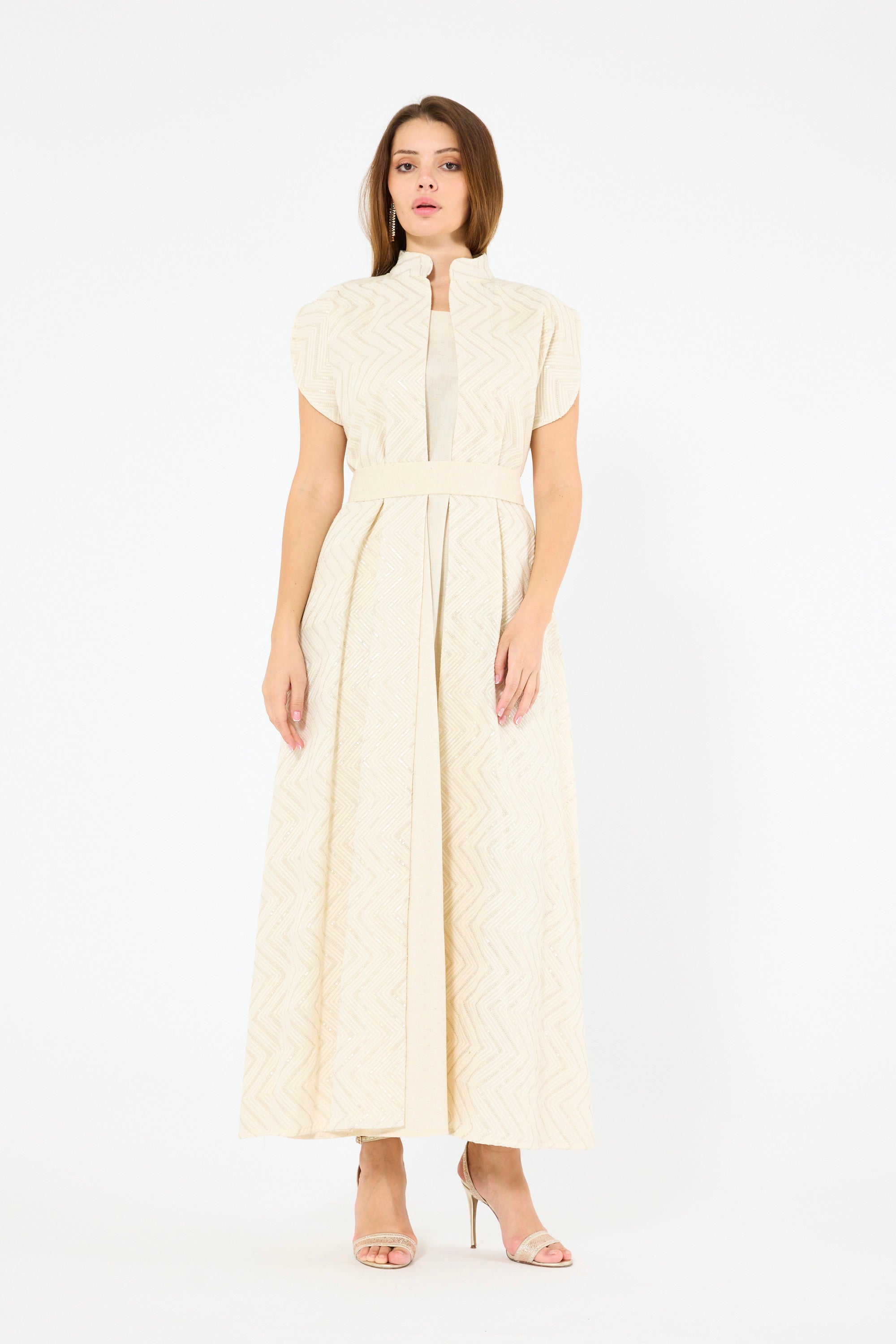 Herringbone Pattern Open-Front Bisht & Dress Set