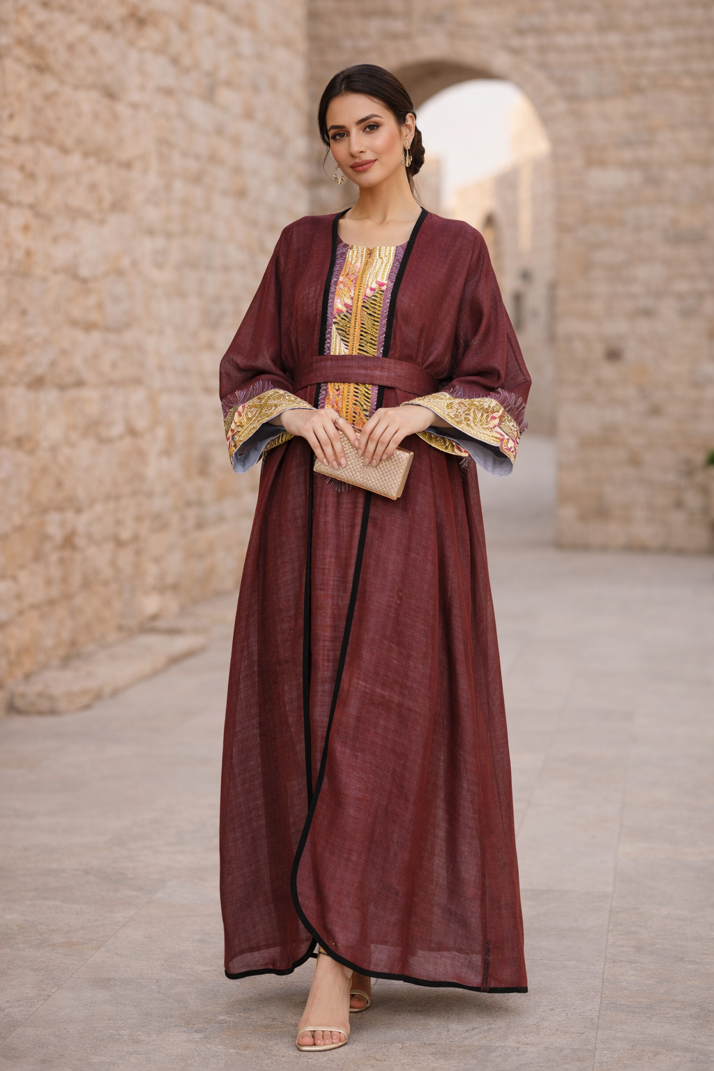 Contrast Fringe Embroidery Bisht & Dress Set