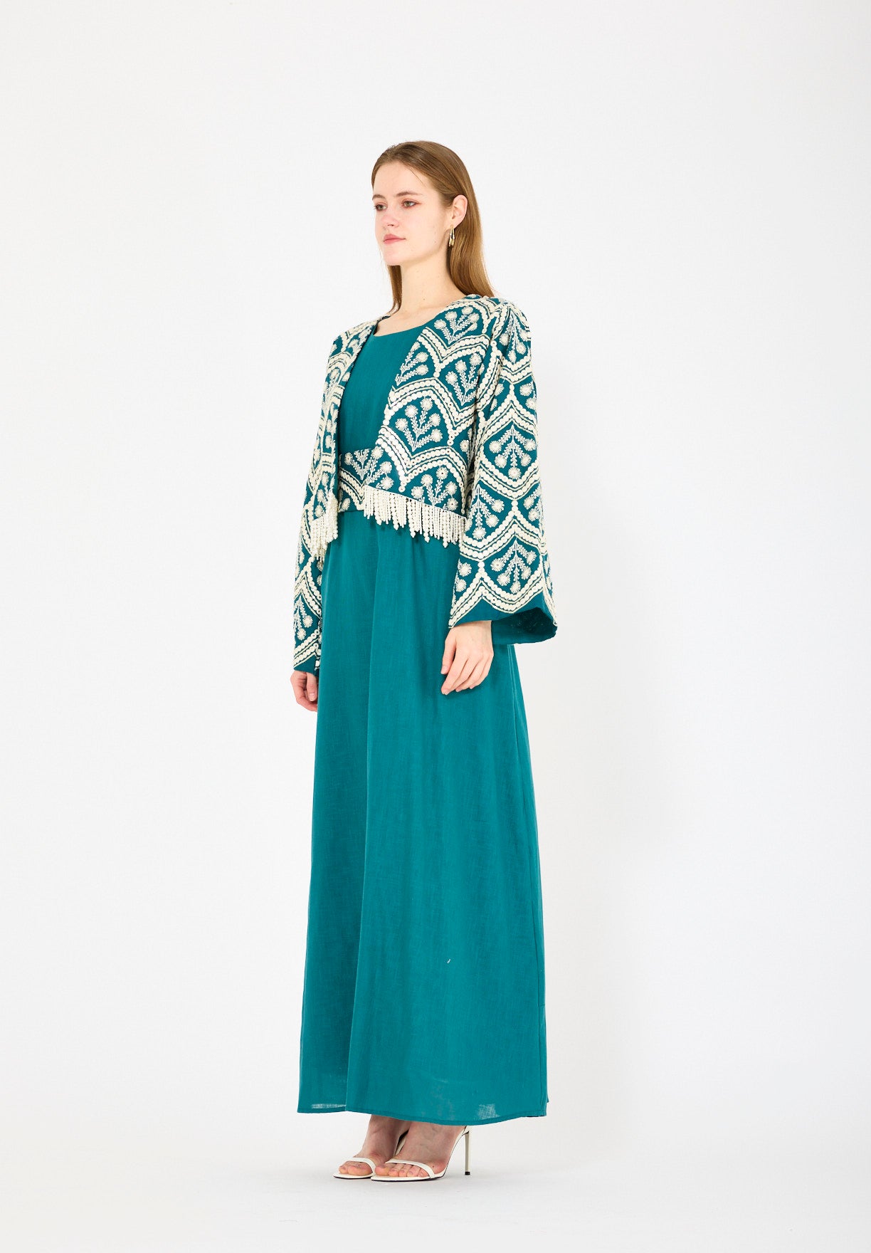 Cropped Fringe Embroidered Linen Jacket Set