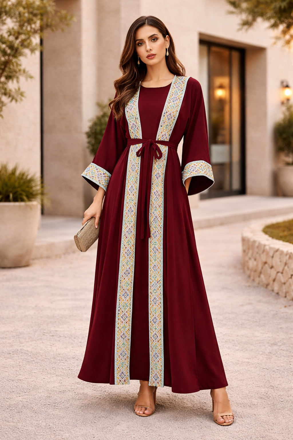 Multi-Colored Embroidered Trim Bisht & Dress Set