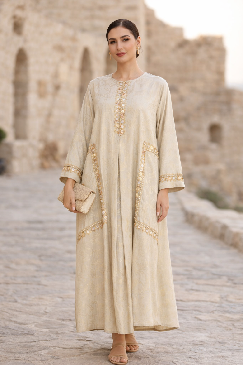 Mirror & Thread Embellished Foil Linen Jalabiya