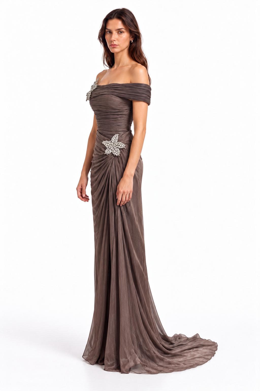 "Mira" Crystal Flower Off-Shoulder Gown