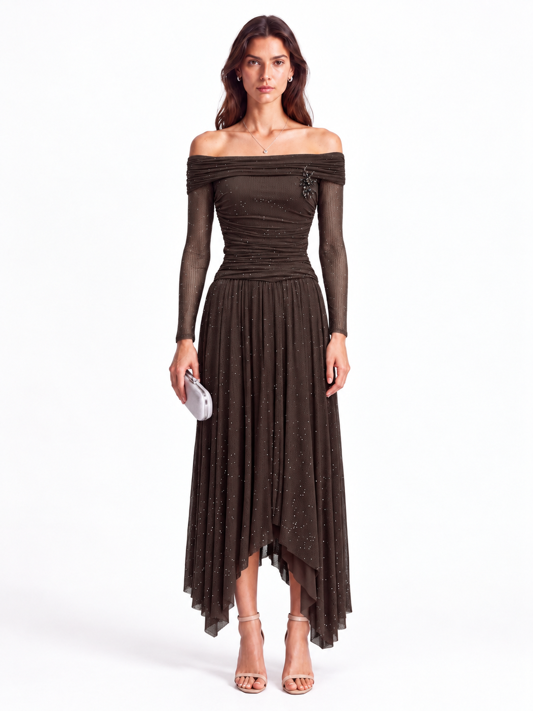 "Nadia" Off-Shoulder Asymmetric Hem Gown