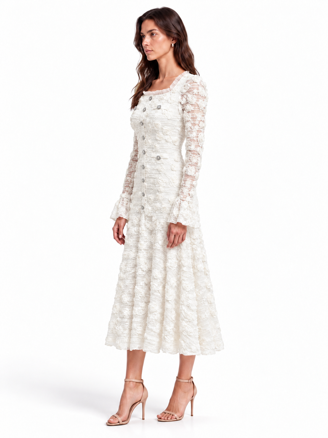 "Elara" 3D Floral Lace Button-Front Dress