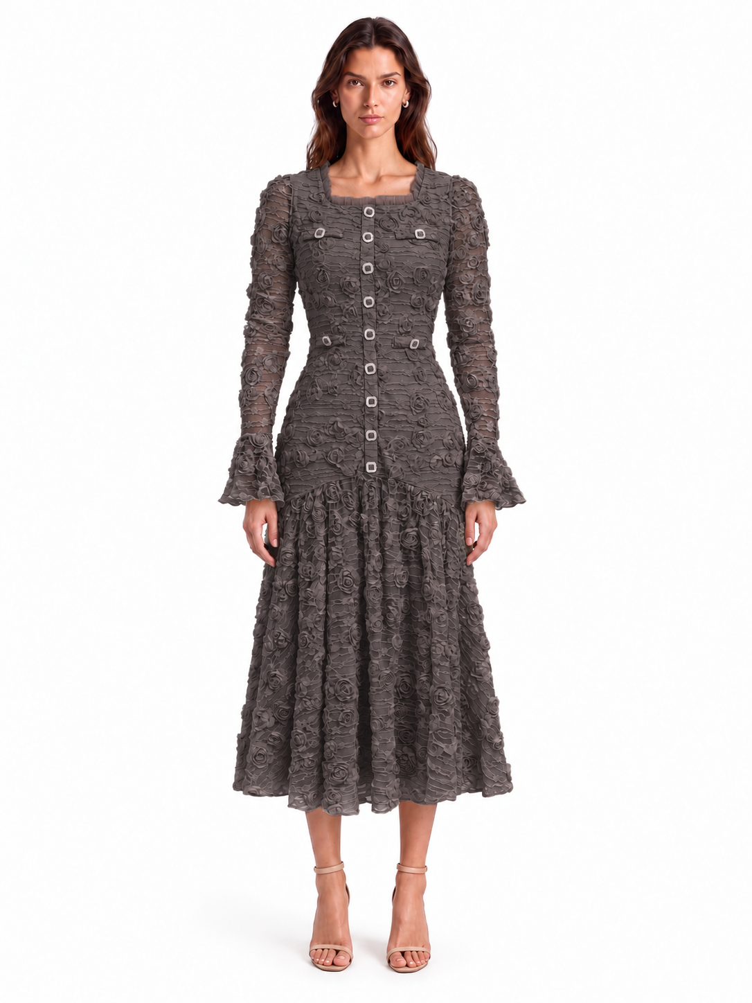 "Elara" 3D Floral Lace Button-Front Dress