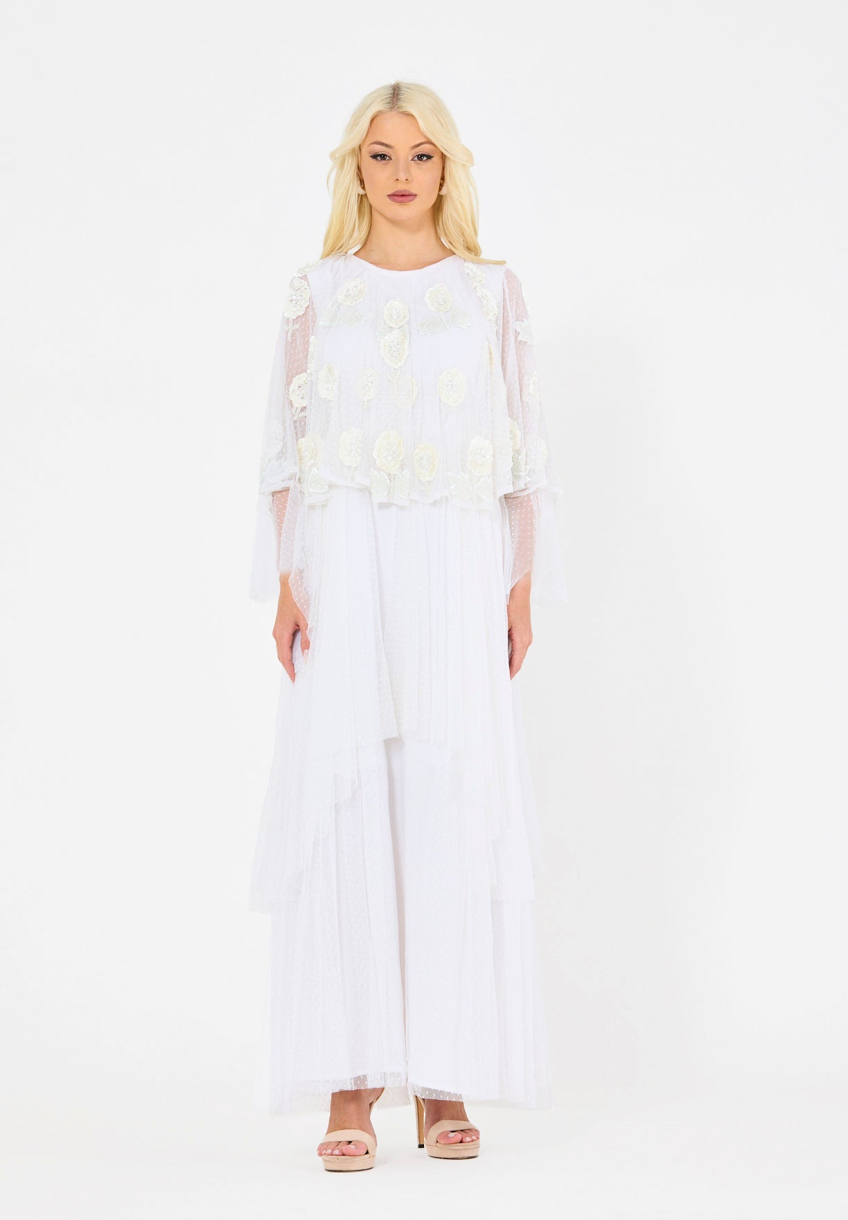 Dotted 3D Floral Appliqué Tulle Draped Dress