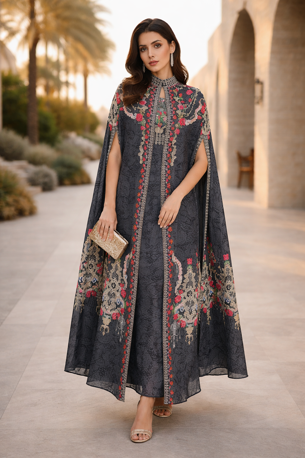 Printed Roses Bisht & Dress Set