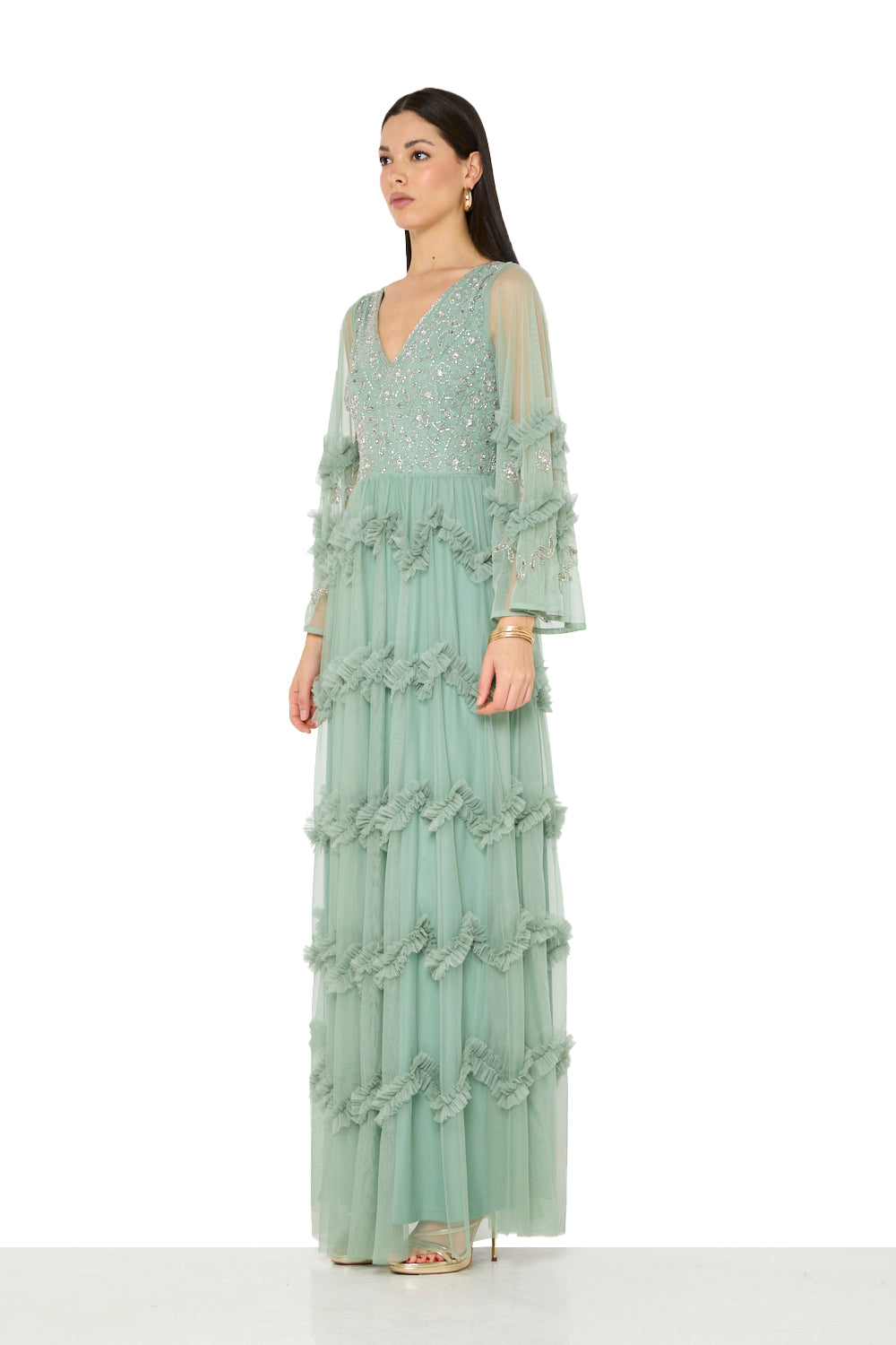 Floral Embellished Ruffle Gown