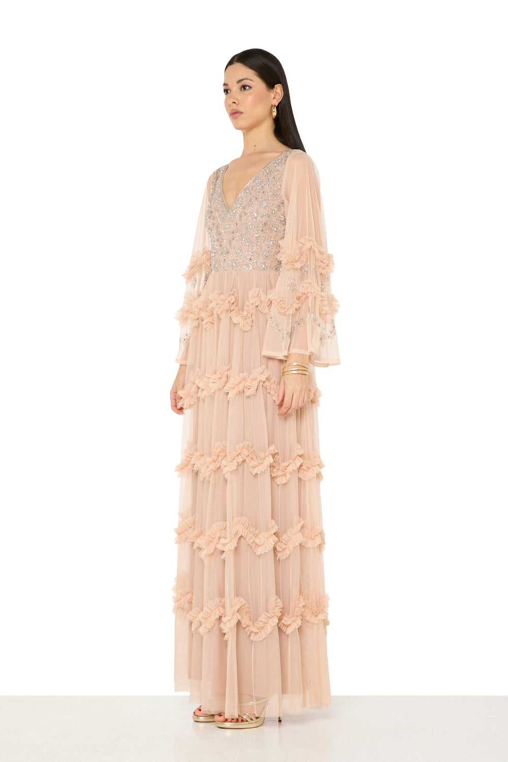 Floral Embellished Ruffle Gown