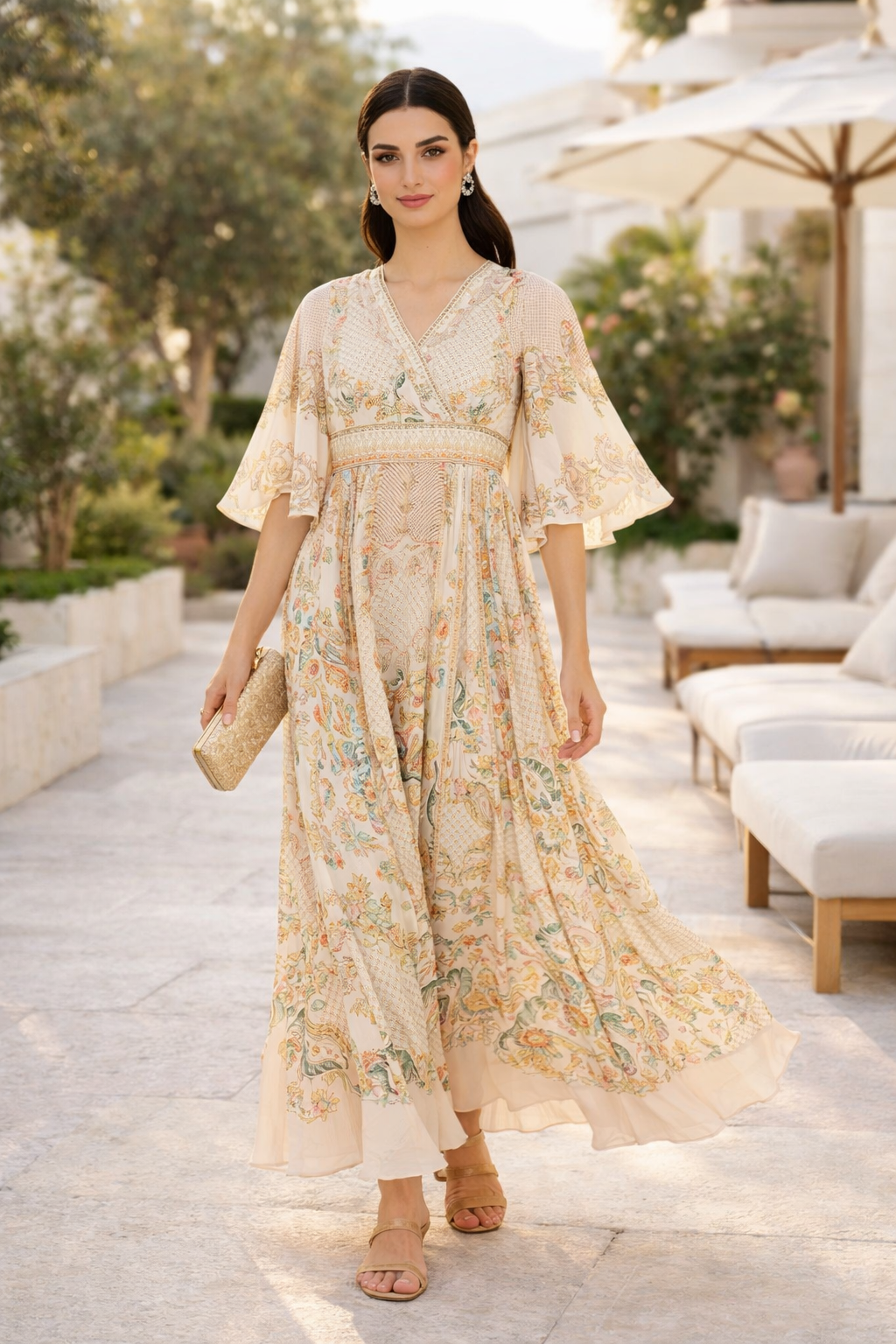 Bell Sleeve Wrap Bodice Fusion Printed Dress