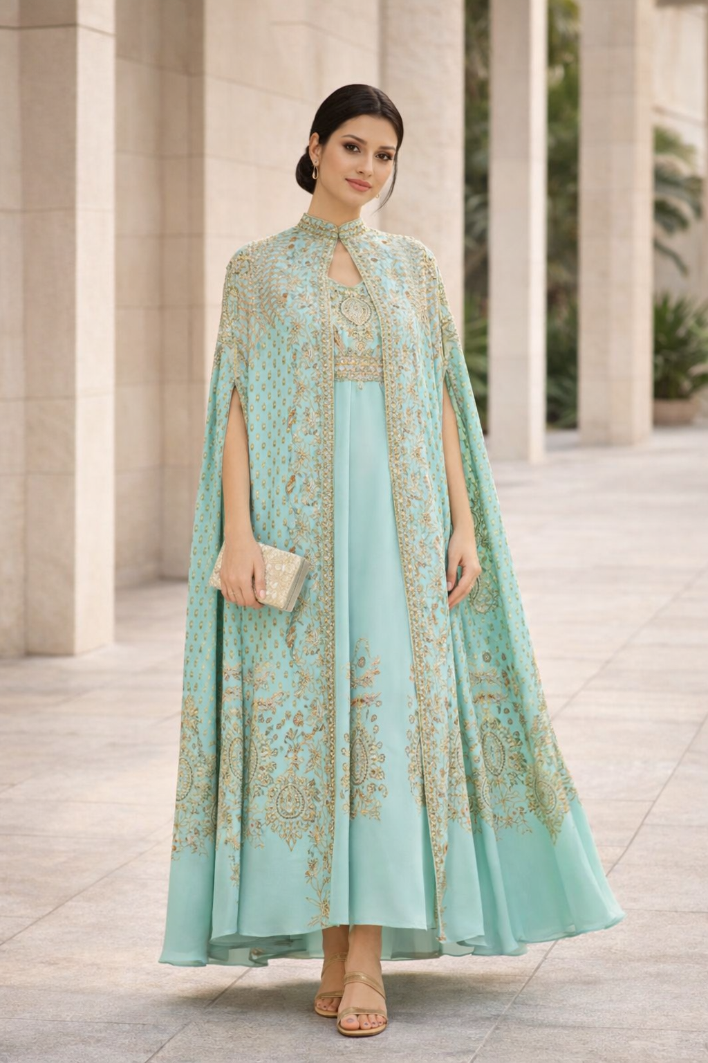 Slit Sleeve All Over Floral Print Bisht & Dress Set