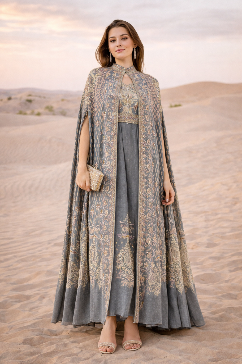 High Collar Bisht & V-Neck Dress Floral Print Set