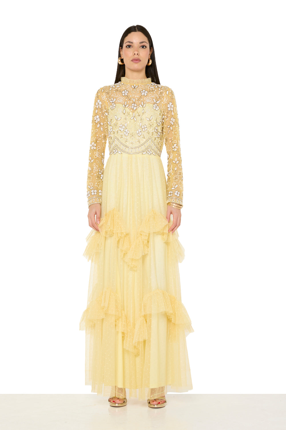 Floral Embroidered High-Neck Tiered Gown