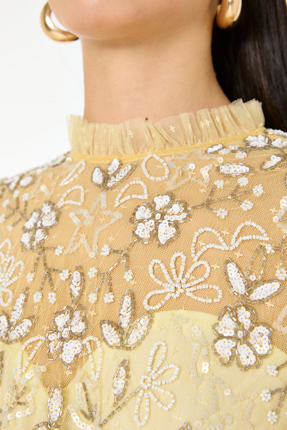 Floral Embroidered High-Neck Tiered Gown