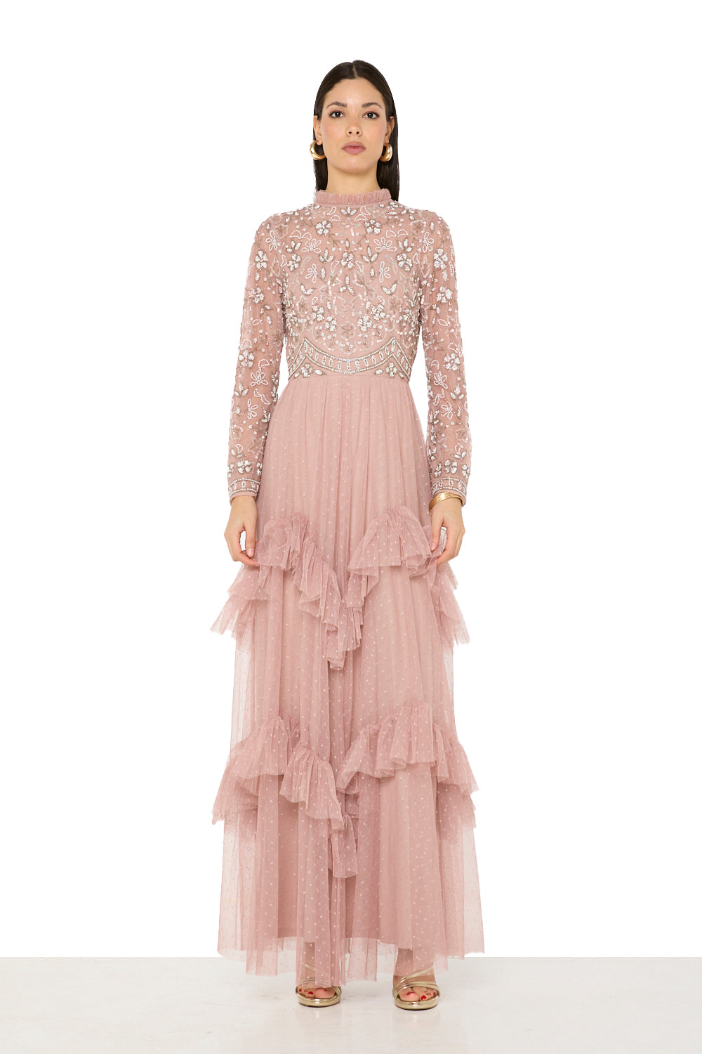 Floral Embroidered High-Neck Tiered Gown